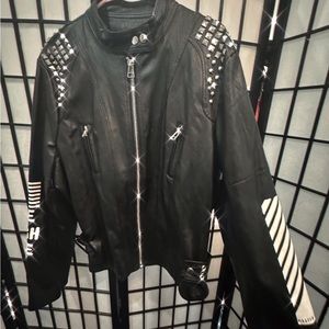 Fashion Nova Studded Graffiti Black White Studded Moto Jacket 1x EUC